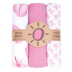 MTT Textil pelenka 3 db + Mosdatókesztyű - Rózsaszín-Fehér - Tollak és nyuszik