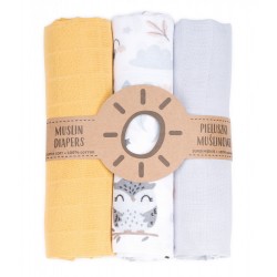 MTT Textil pelenka 3 db + Mosdatókesztyű - Sárga - Fehér - bagoly és nyuszi