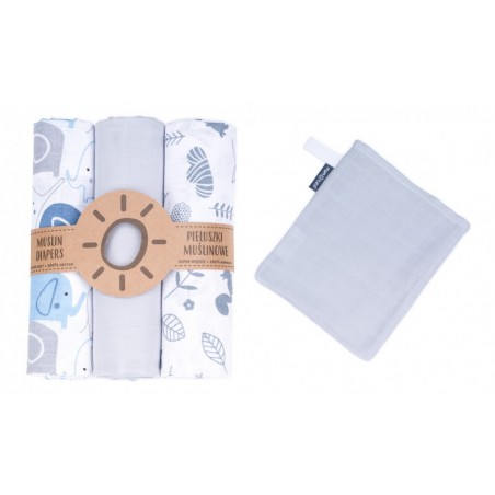 MTT Textil pelenka 3 db + Mosdatókesztyű - Szürke-Fehér - Kék elefántok