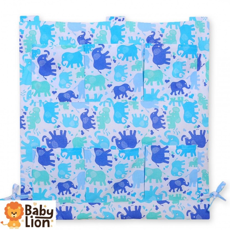 BabyLion Prémium Zsebes tároló kiságyra - Kék elefántok