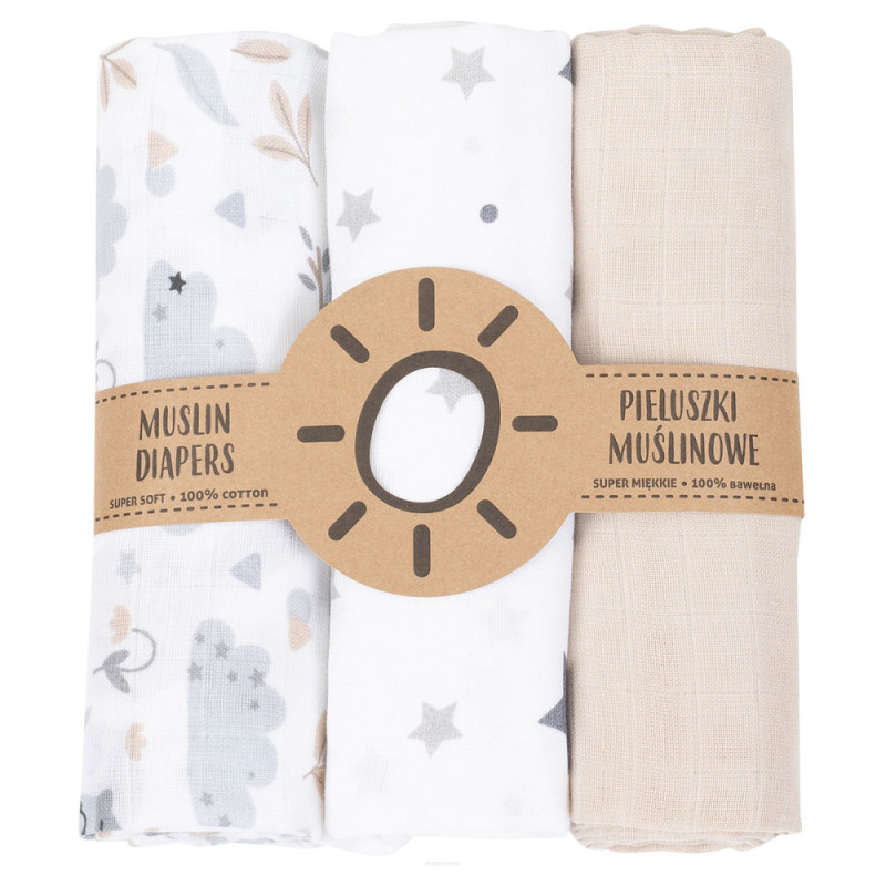 MTT Textil pelenka 3 db + Mosdatókesztyű - Bézs - Bagoly és csillagok