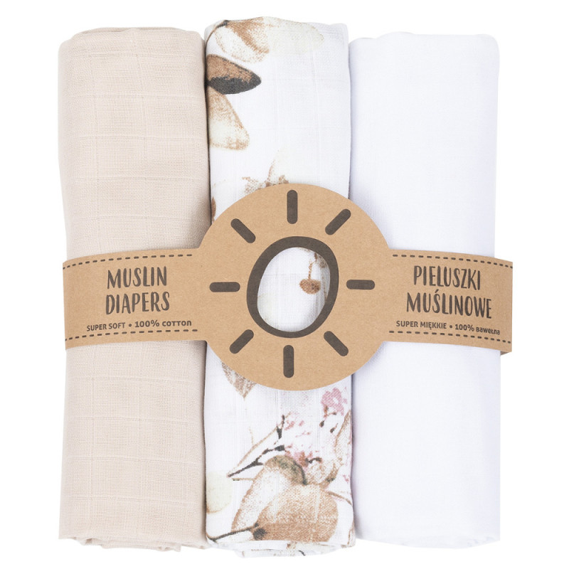 MTT Textil pelenka 3 db + Mosdatókesztyű - Bézs, fehér - virágok