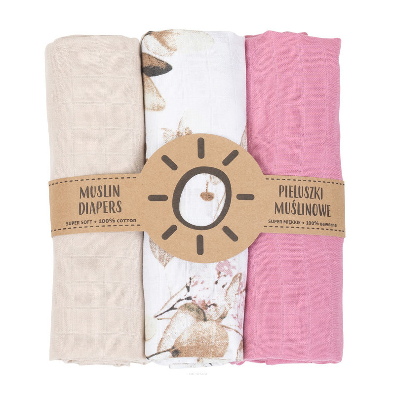 MTT Textil pelenka 3 db + Mosdatókesztyű - Bézs, rózsaszín - virágok