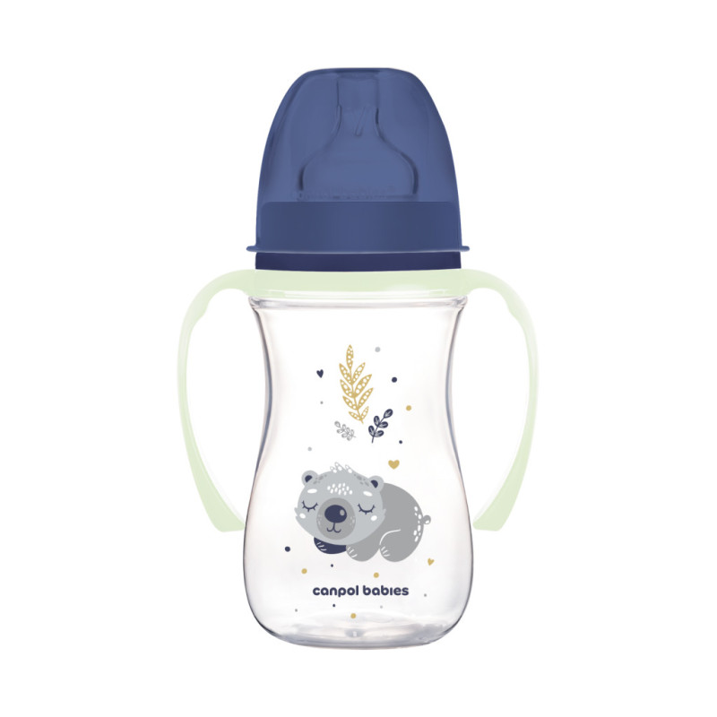 Canpol babies EasyStart anti-kólikás cumisüveg világító fogantyúval 240ml (3h+) - Sleepy Koala - Kék