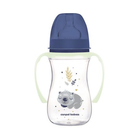 Canpol babies EasyStart anti-kólikás cumisüveg világító fogantyúval 240ml (3h+) - Sleepy Koala - Kék