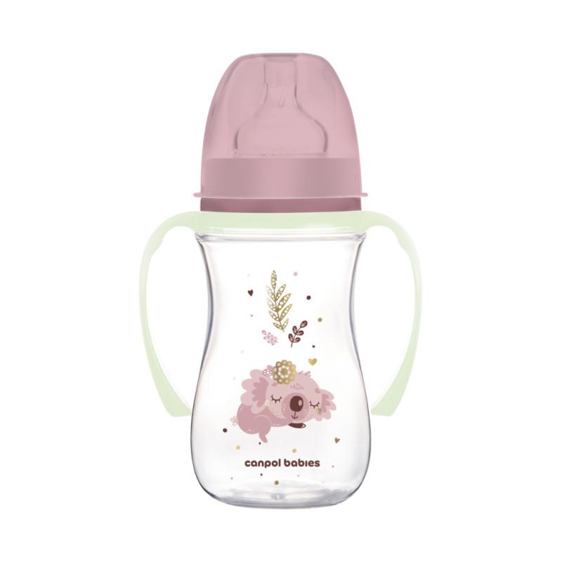 Canpol babies EasyStart anti-kólikás cumisüveg világító fogantyúval 240ml (3h+) - Sleepy Koala - Rózsaszín