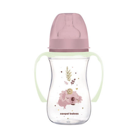 Canpol babies EasyStart anti-kólikás cumisüveg világító fogantyúval 240ml (3h+) - Sleepy Koala - Rózsaszín
