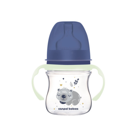 Canpol babies EasyStart anti-kólikás cumisüveg világító fogantyúval 120ml (0h+) - Sleepy Koala - Kék