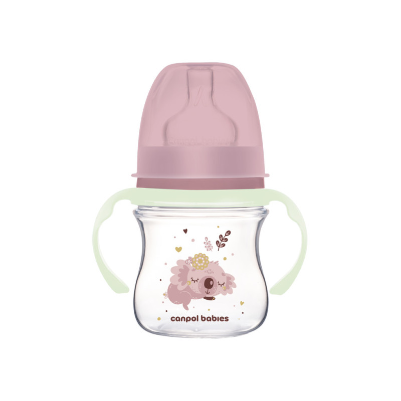 Canpol babies EasyStart anti-kólikás cumisüveg világító fogantyúval 120ml (0h+) - Sleepy Koala - Rózsaszín