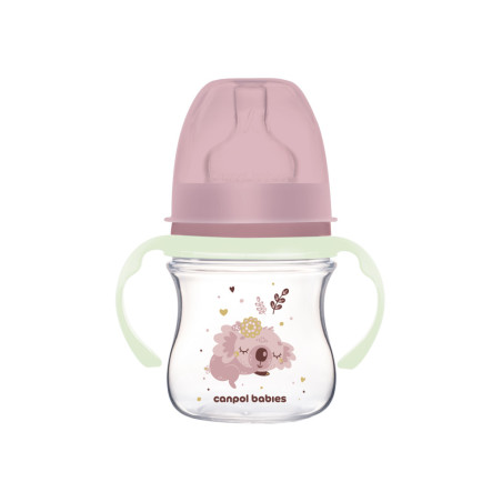 Canpol babies EasyStart anti-kólikás cumisüveg világító fogantyúval 120ml (0h+) - Sleepy Koala - Rózsaszín