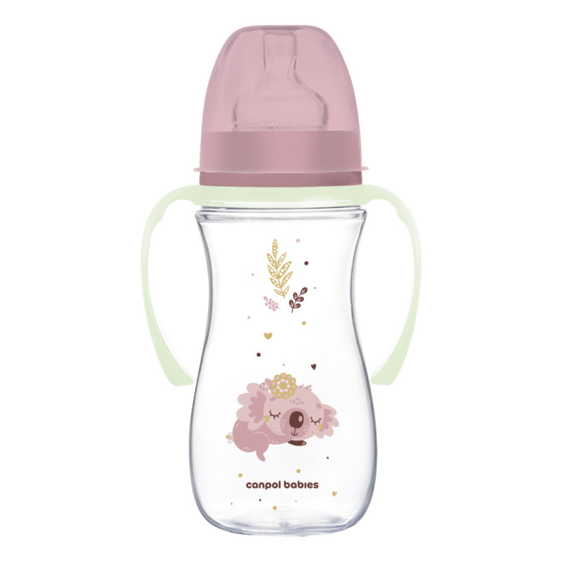 Canpol babies EasyStart anti-kólikás cumisüveg világító fogantyúval 300ml (12h+) - Sleepy Koala - Rózsaszín