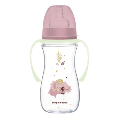 Canpol babies EasyStart anti-kólikás cumisüveg világító fogantyúval 300ml (12h+) - Sleepy Koala - Rózsaszín
