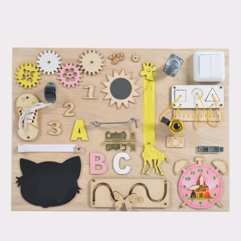 Moni Montessori Fából készült közepes matatófal (50x37.5 cm) - Órás - Lányos